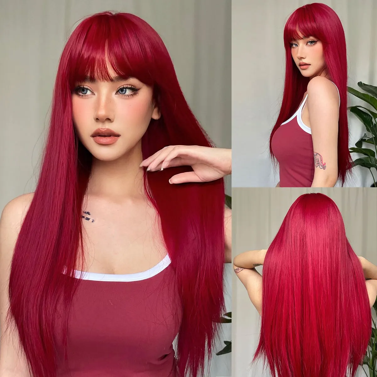 

Light Wine Red Synthetic Wigs With Bangs for Women Long Straight Hair Wig Natural Cosplay Party Heat Resistant