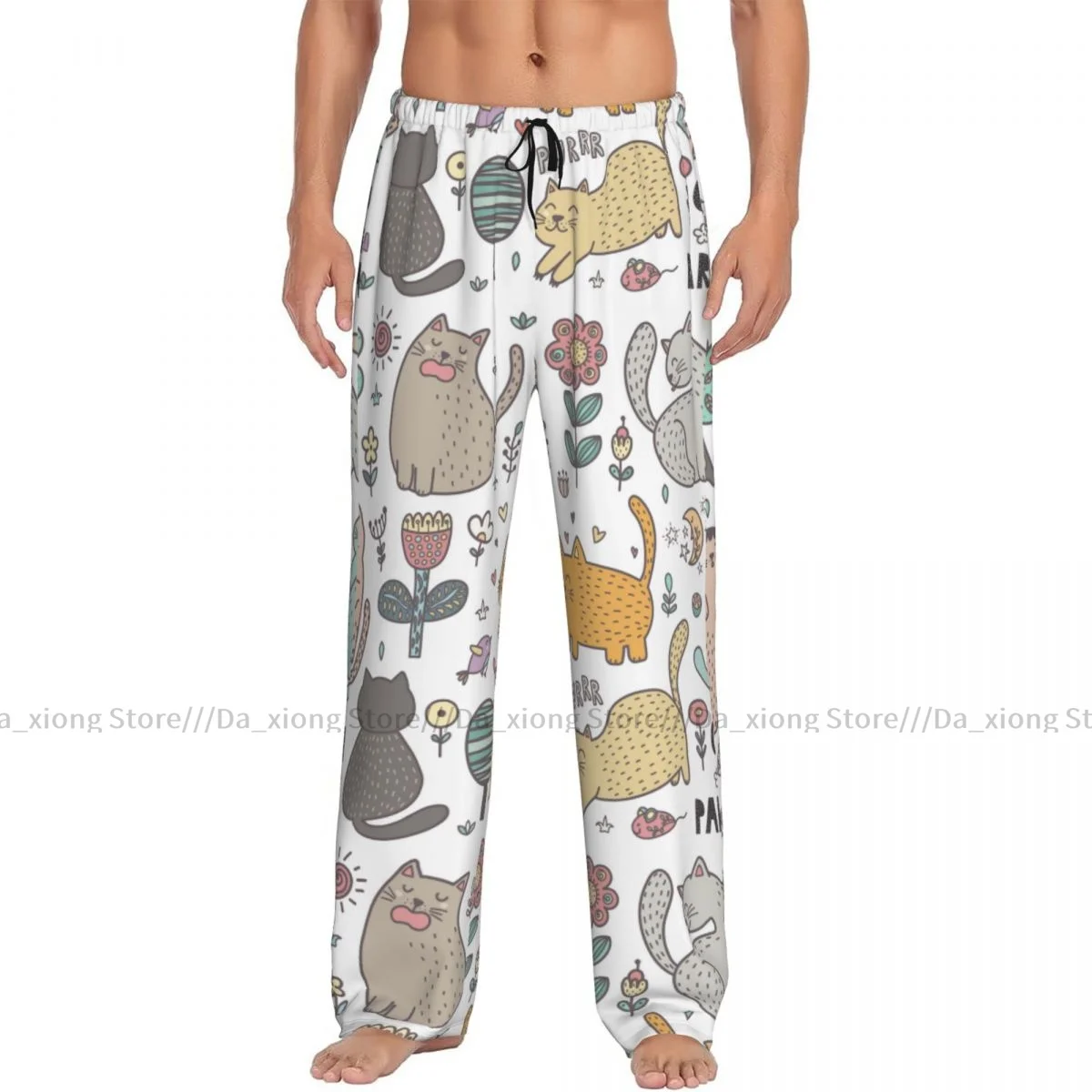 Mens Casual Pajama Long Pant Loose Elastic Waistband Cats With Mouses Birds Trees Flowers Cozy Sleepwear Home Lounge Pants