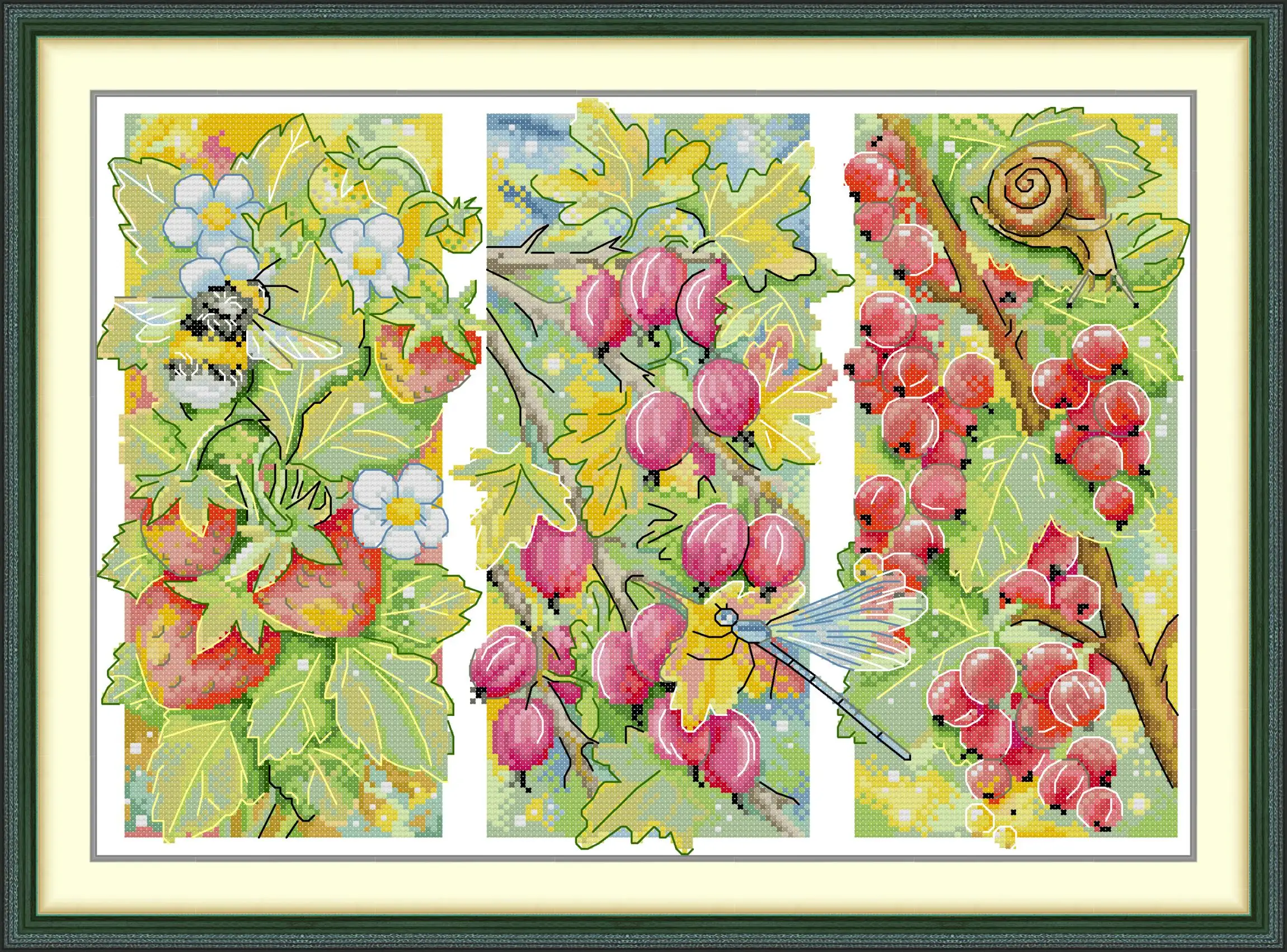 

Maydear Full Cross Stitch Kit,11CT/14CT/16CT/9CT Aida Fabric,DMC Threads Sewing Pattern Embroidery Set-Bee-Snail-Berry