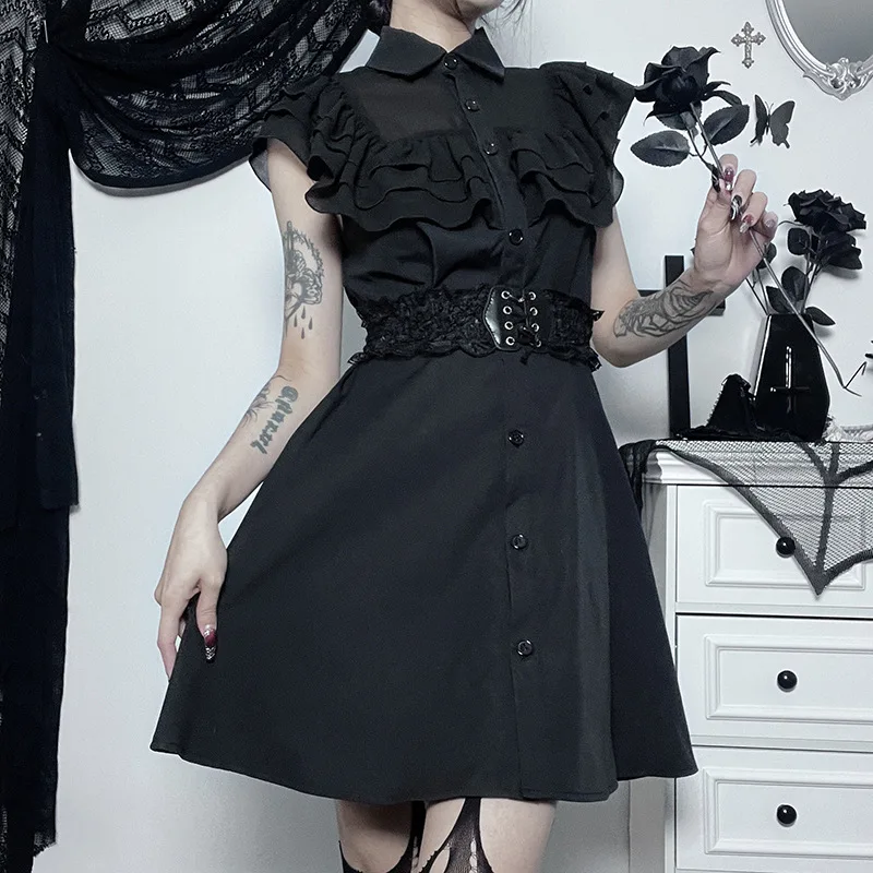 Gothic Vintage Short Prom Dress Women Chic Patchwork Black Slim A Line Dresses Sexy Party Grunge Aesthetic Streetwear Outfits