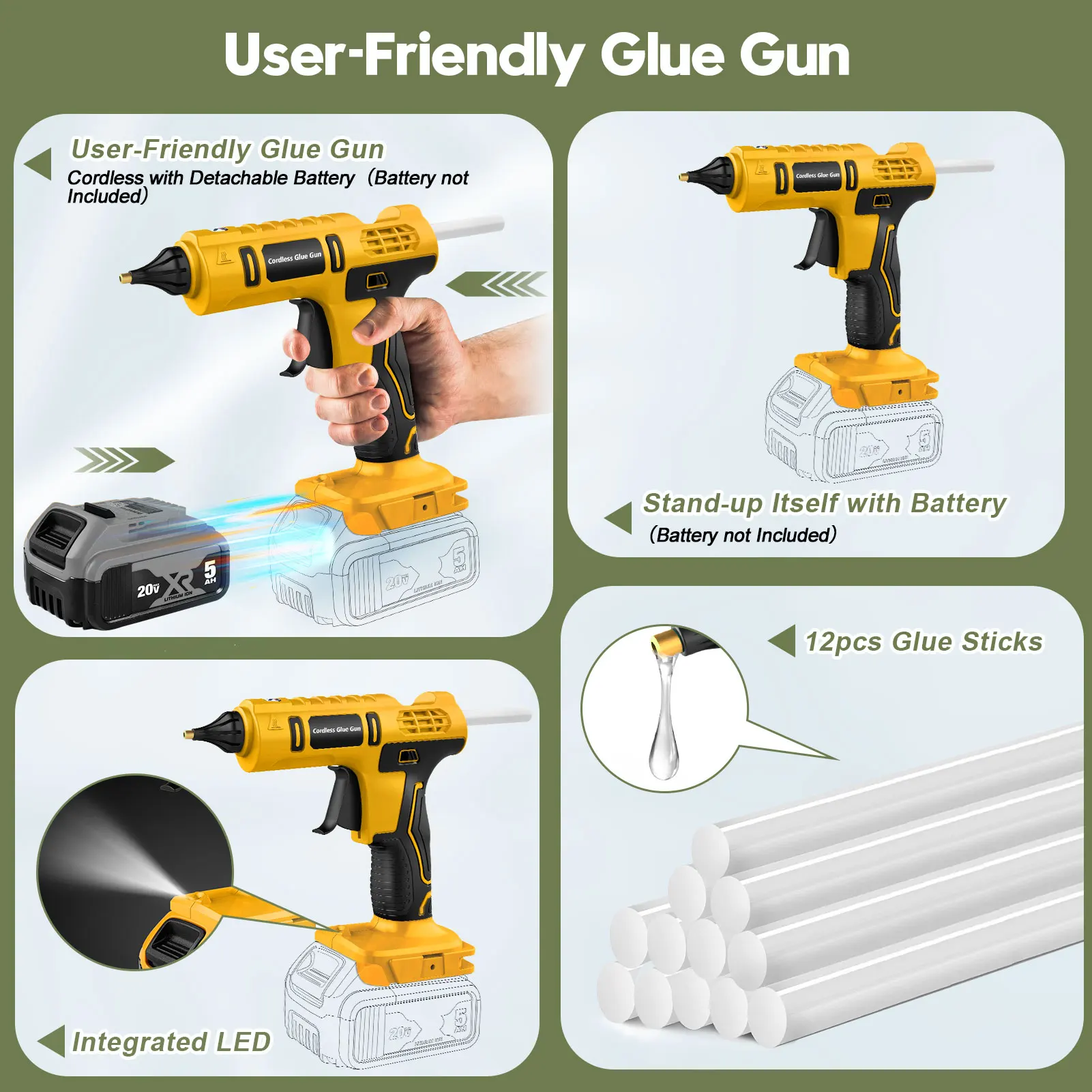 Pistola per colla a caldo senza fili da 100 W per batteria DeWalt da 20 V (NO batteria) Pistola per colla wireless a grandezza naturale con 12 stick di colla (11 mm)