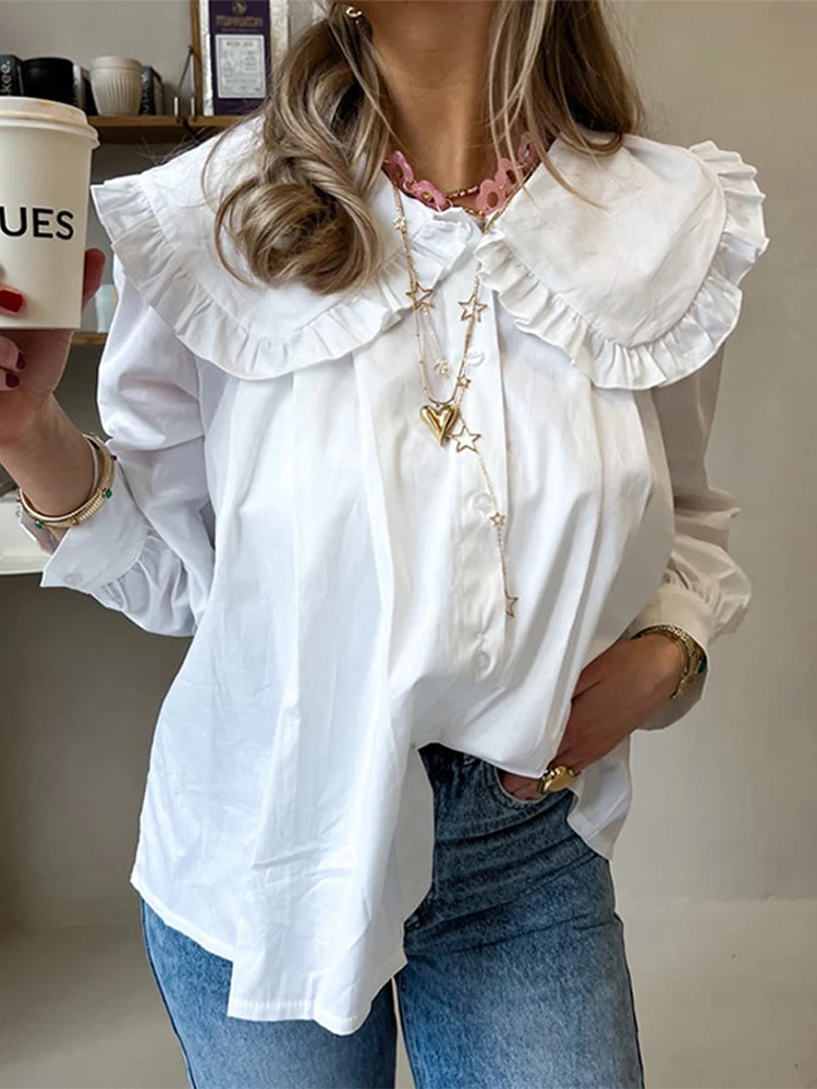 Pleated Doll Collar Solid Shirts Women Single Breasted Long Lantern Sleeve Loose Blouse 2024 Spring Lady New Casual Commuter Top