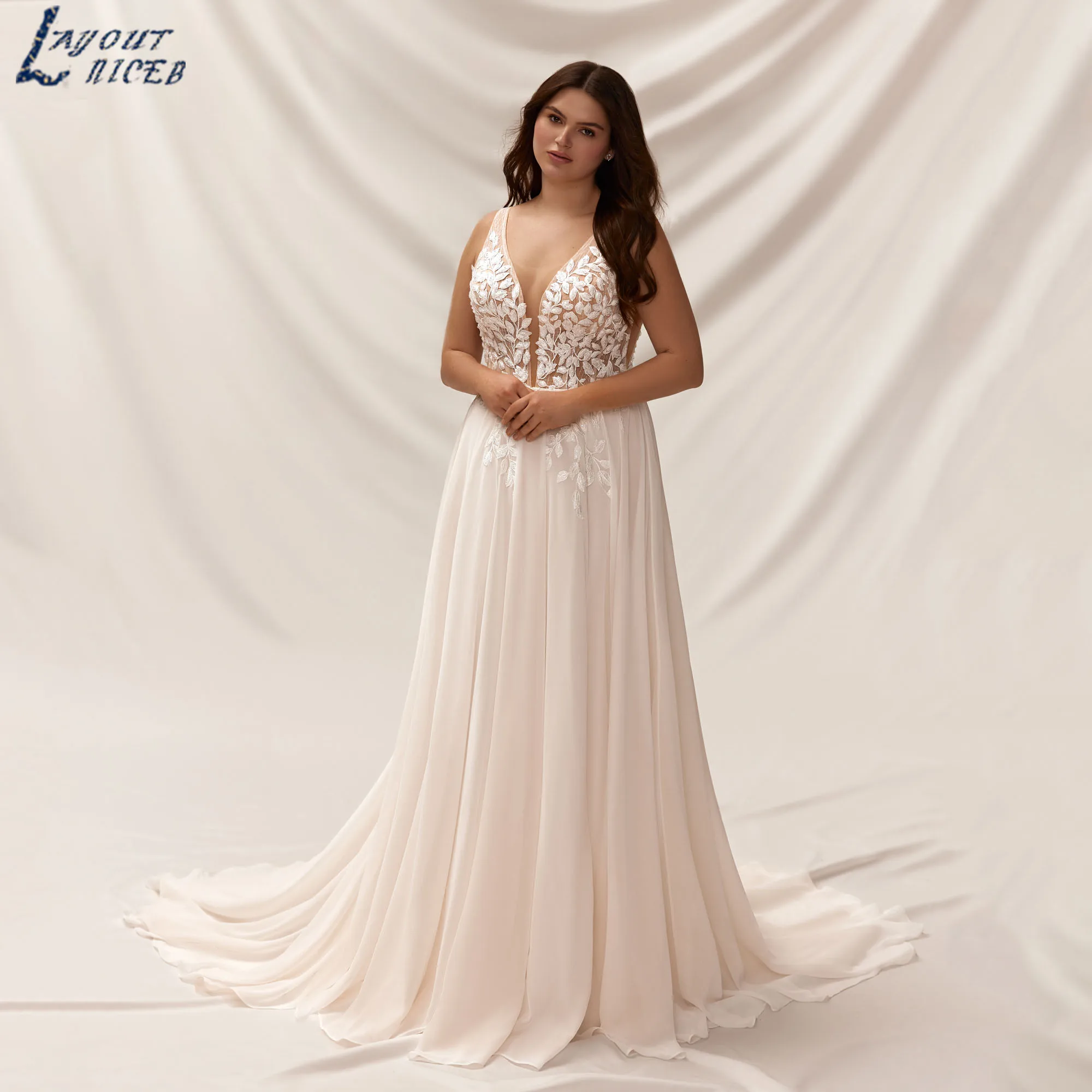 LAYOUT NICEB Plus Size V-Neck Wedding Dress A-Line Sleeveless Tulle Illsion Bride Gown Backless Lace vestido de novia Customized