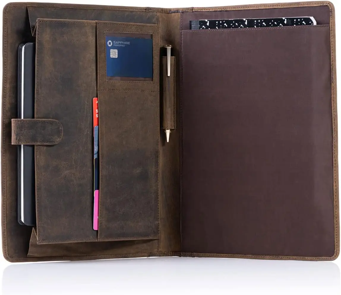 

Vintage Leather Business Portfolio with Pen Holder, Notepad Pocket, and Card Slots - Distressed Tan