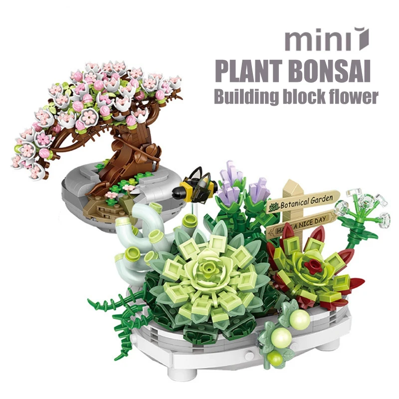 Mini Building Blocks Bouquet Cherry Blossom Succulent Potted Model Decoration DIY Assembled Flower Block Children\'s Toy Gift