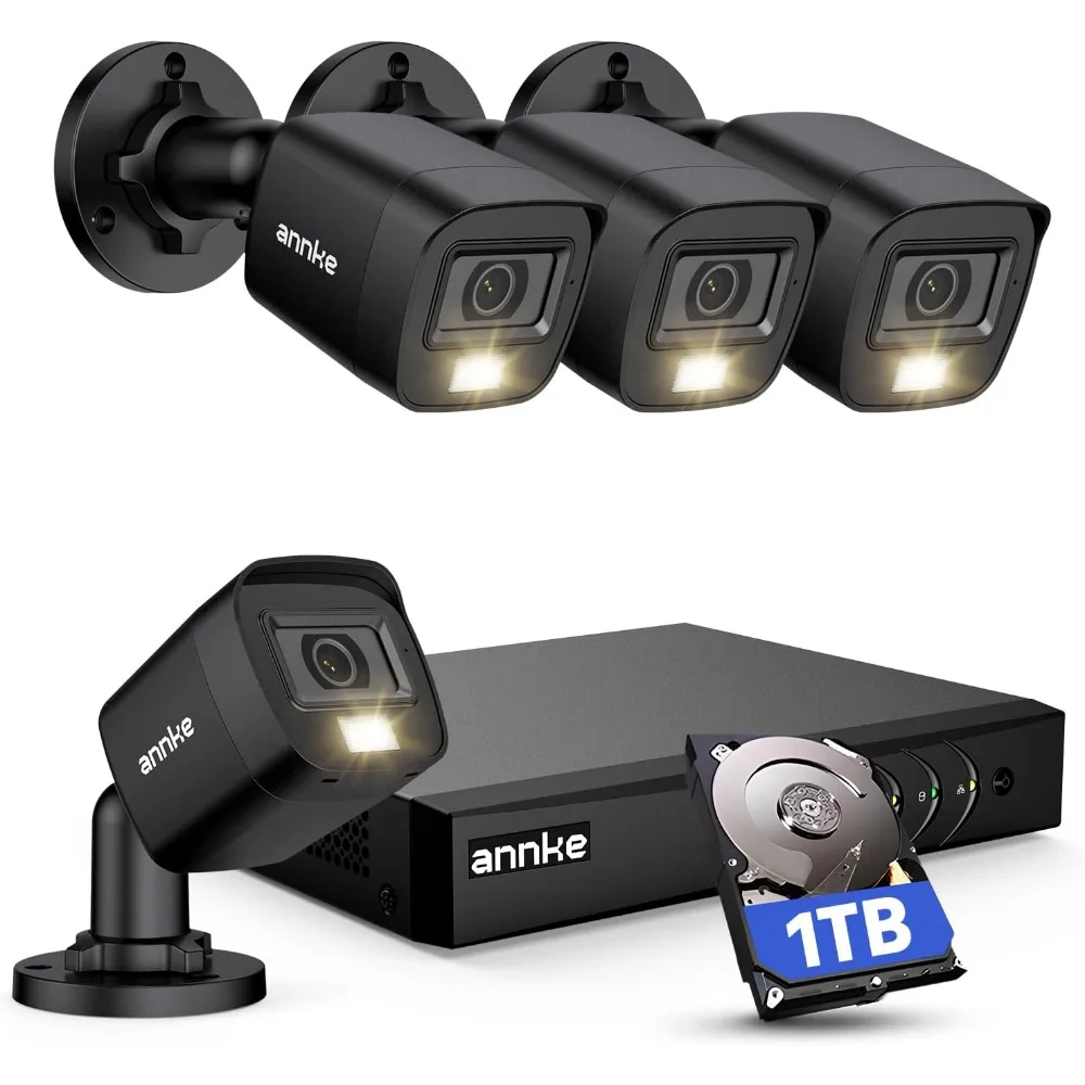 H.265+ 3K 8CH Wired Security System: AI Detection, 4 x 2MP Cameras, Dual Light, Color Night Vision, 1TB HDD