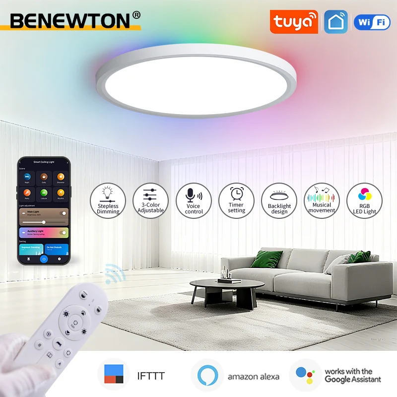BENEWTON Tuya Smart WiFi Ceiling Light RGB Flow Effects Lamp Alexa Voice&APP Control Ambient Lights Living Room Party Home Decor
