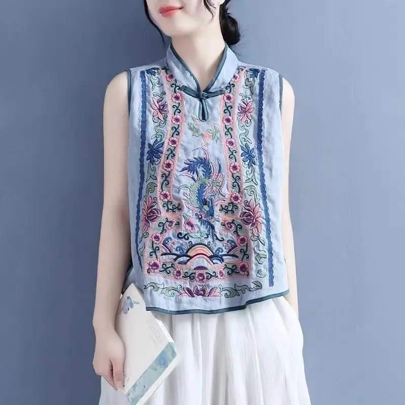 Women‘s Vintage Cotton And Linen Embroidered Vest 2026 Summer Mandarin Collar Sleeveless T-shirt Chinese style Knot Button Shirt