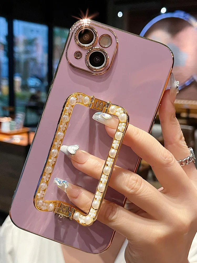 Mới Cho iPhone 14 13 12 11 Pro Max X Xs XR 7 8 Plus SE2020 Điện Thoại Ốp Lưng Sang Trọng 3D Ngọc Trai Vuông Giá Đỡ Mạ Vàng Da