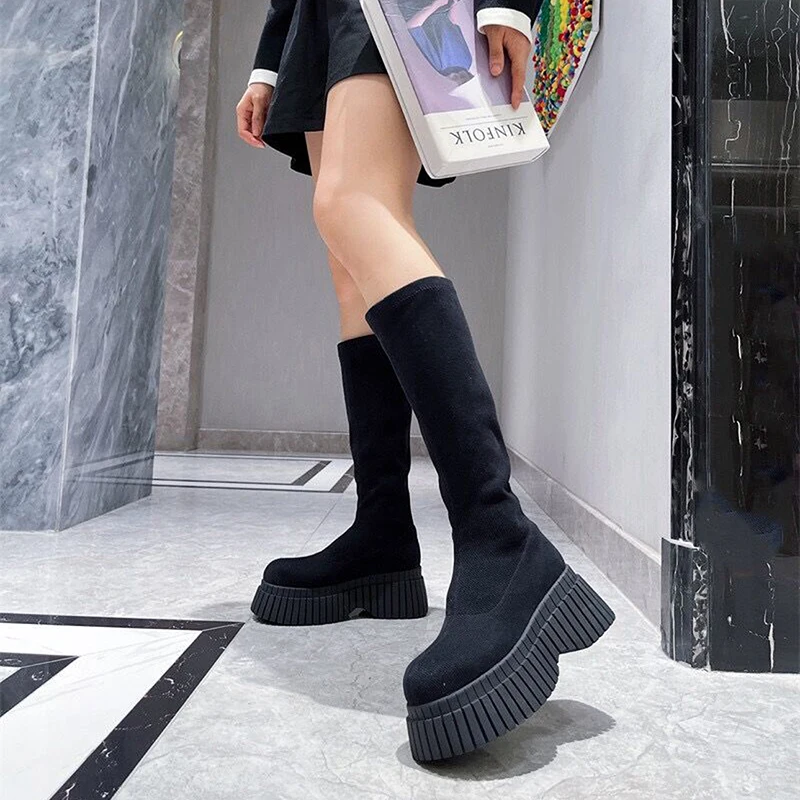 Women High Fly-knitted Elastic Boots 2024 Autumn New Slip on Chunky Platform Ankle Boots Woman Fashion Pink Thick Bottom Botas