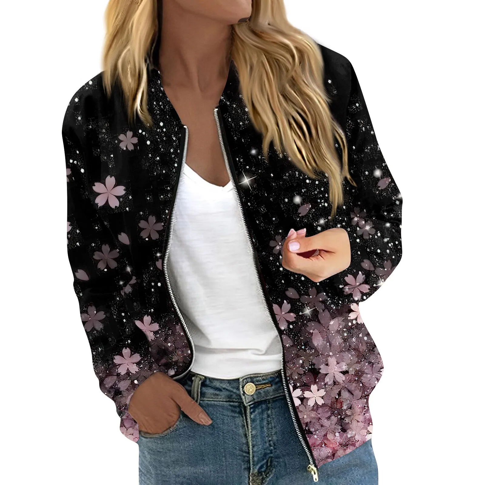 Women Elegant Zipper Bomber Jackets Spring Autumn Floral Printed Jackets Casual Coat Retro Outwear  Round Neck Zipper Jackets