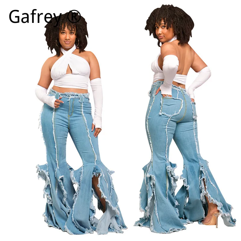 2026 New Micro Flare Jeans Women High Waisted Fringe Tassel Denim Pants Side Slit Split Hem Long Bootcut Retro Y2K Trousers