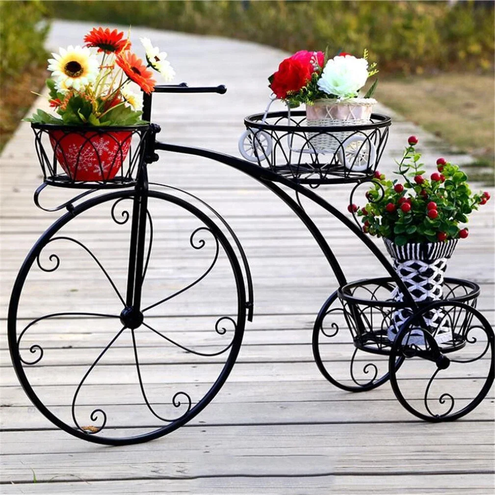 Metal Bicycle Planter, 3 Tier Tricycle Flower Plant Stand with 3 Decorative Wheels, Parisian Style Flower Display Stand Cart for Home Decor Patio Garden Flower Shop Indoor Outdoor
