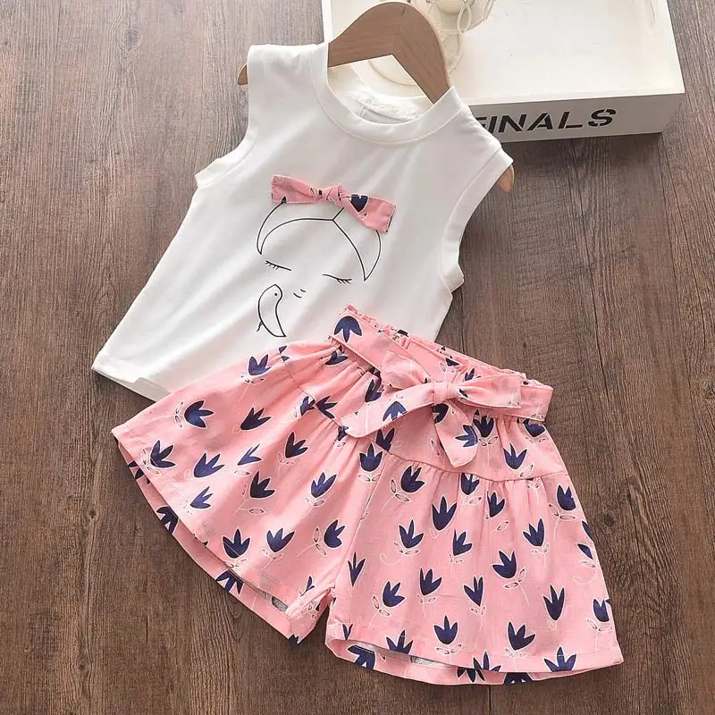 New New Summer Kids Clothing Casual Girl Printed Fruit Set Top + Pants 2 Pack Costume Ribbon Bow Set Toddler Girl Suit Clothes