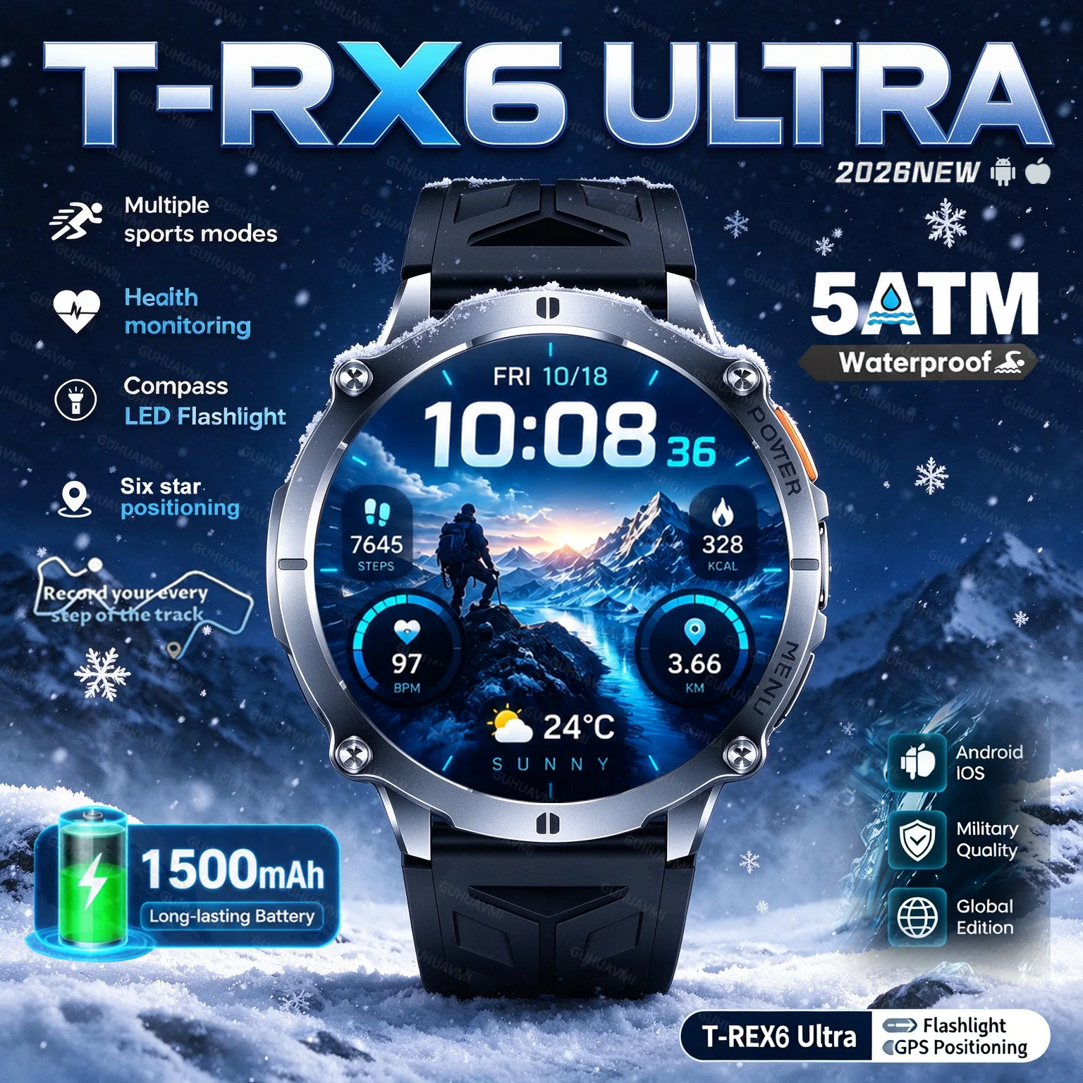 2026 New T-RX6 ULtra Military Grade 1500mAh Battery Smart Watch Built-in GPS Compass 5ATM Waterproof 100+Sports Smart watch Men