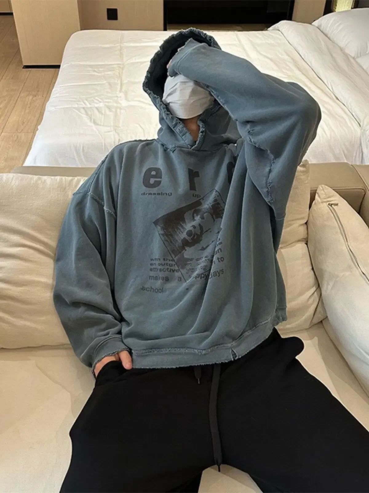 ER/D damage washed old light blue hooded sweater Cleanfit autumn and winter hoodie