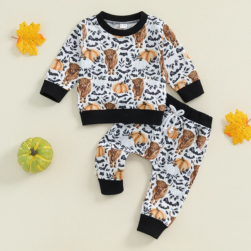 

Infant Baby Boy Halloween Tracksuit Outfits Long Sleeve Cow Print Sweatshirt + Pants Set Newborn Western Clothes