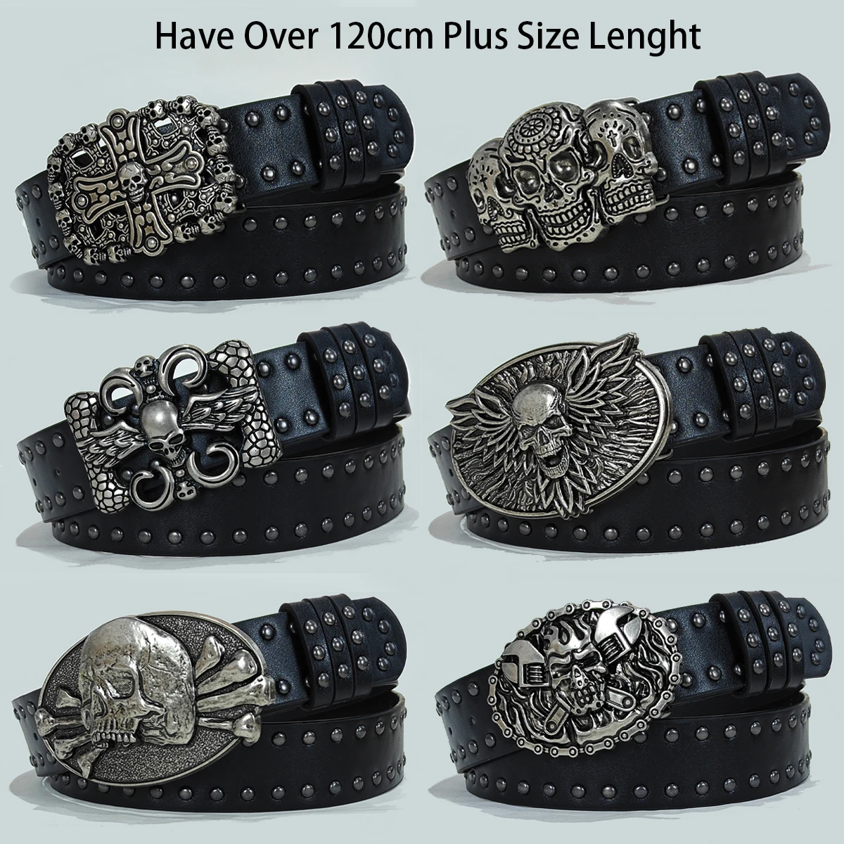 Men and Women's Belt Cool Punk Style Black Rivets Decorated Heavy Metal Dark Belt Plus Size Gothic Wide Skull Jeans Belt Male