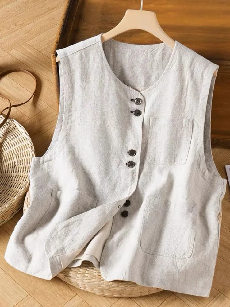 

Повседневный льняной жилет, топ, женский однотонный многослойный летний утягивающий открытый кардиган, тонкий хлопковый льняной дизайн Bal