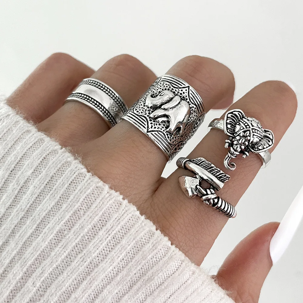 

Exaggerated punk hip-hop ring set, personalized retro engraved three-dimensional elephant feather arrow ring