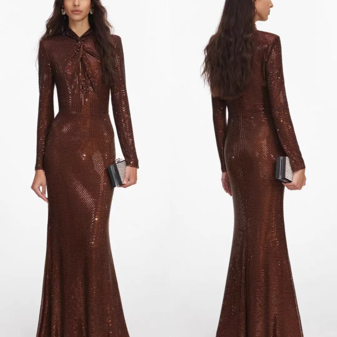 Women luxury diamond long dress long sleeve high waist fashion party maxi dress