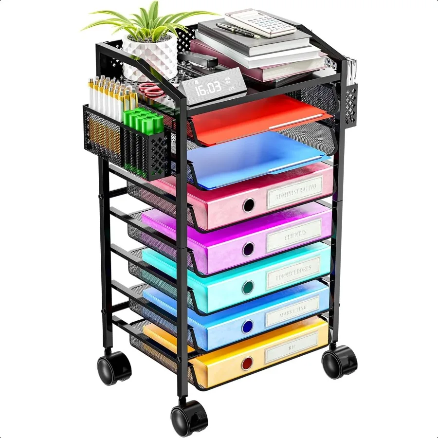 

Simple Trending 8 Tier Small Rolling File Cart Metal Desk File Organizer with Sliding Trays and Two Pen Holders Metal Mesh Pape