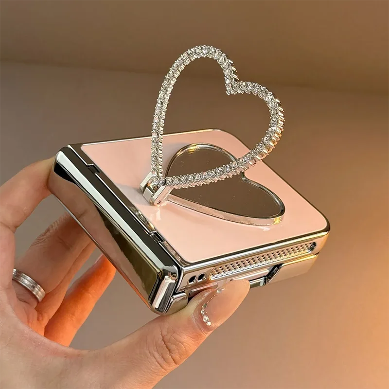 For Xiaomi Mix Flip Case Pink Electroplating Mirror Glitter Heart Ring Holder Phone Case for Xiaomi Mix Flip 2 Cover Kawaii
