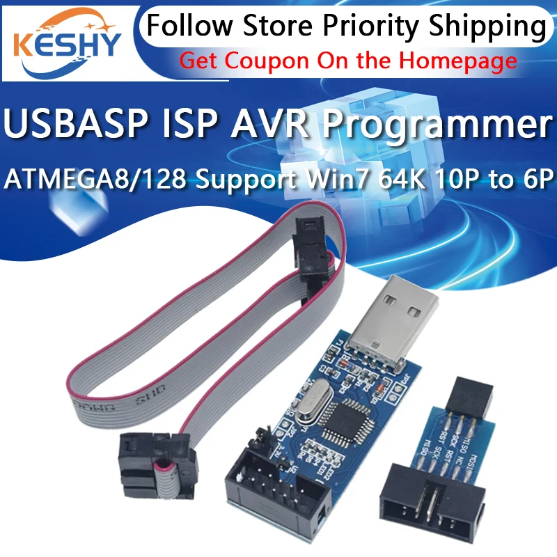 USBASP USBISP AVR Programmer USB ISP USB ASP ATMEGA8 ATMEGA128 Support Win7 64K 10Pin To 6 Pin Adapter Board