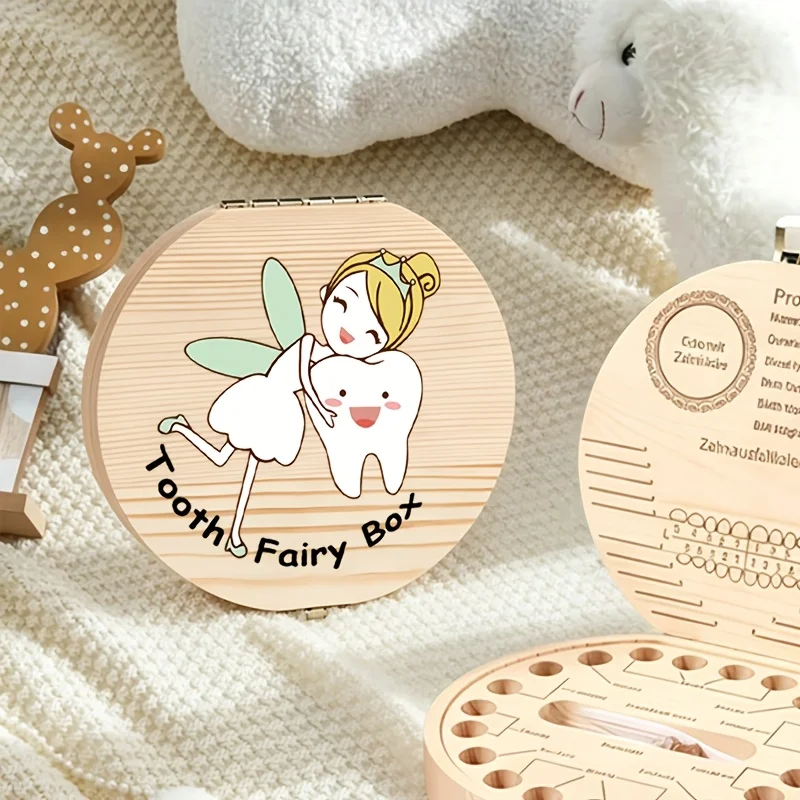 1PCS Wooden Tooth Fairy Box Tooth Keepsake Storage Teeth Hair Commemorative Box Birthday Halloween Christmas Best Gift 2D