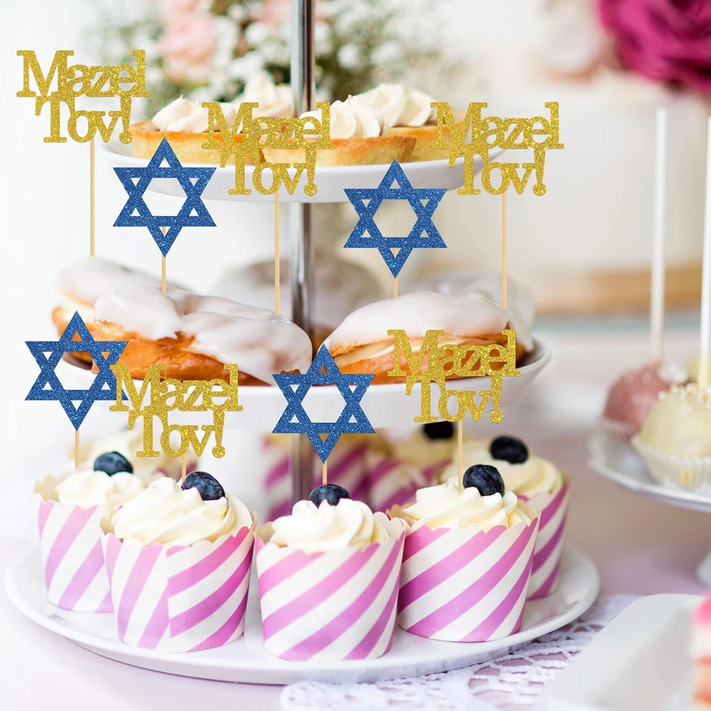 Mazel Tov Cupcake Topper, Verlobung, Babyparty, Bar Mizwa, Geburtstag, Hochzeit, jüdische Partydekorationszubehör – Detail 2