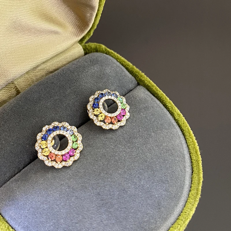 Aazuo 18K Solid Yellow Gold Natural Rainbow Sapphires Real Diamond Fairy Sun Flower Stud Earring Gifted For Women Birthday Au750