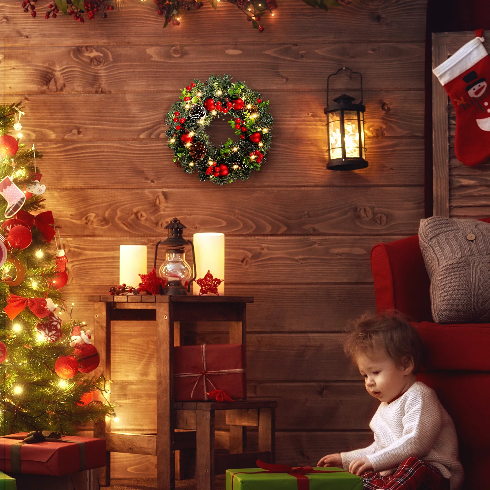 

Christmas Vine Circle Decor Xmas Wreath with Santa Presents Ornaments for Tree Garland Layout Props