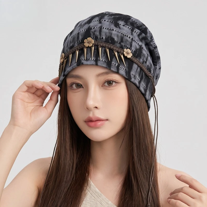 Retro Tie-dye Ethnic Style Stacking Hat Women's Versatile Loose Big Head Circumference Fringed Bag Head Hat Thermal Cover Hat
