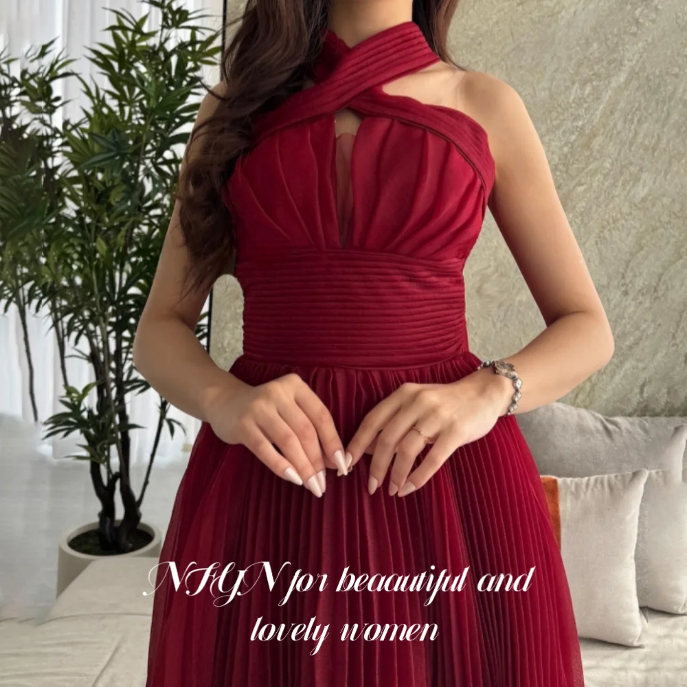 NFYN Rode Elegante Galajurk V-hals Mouwloze Feestjurken Ruches Plooien Trailing Avondjurken robes de soirée Aangepaste