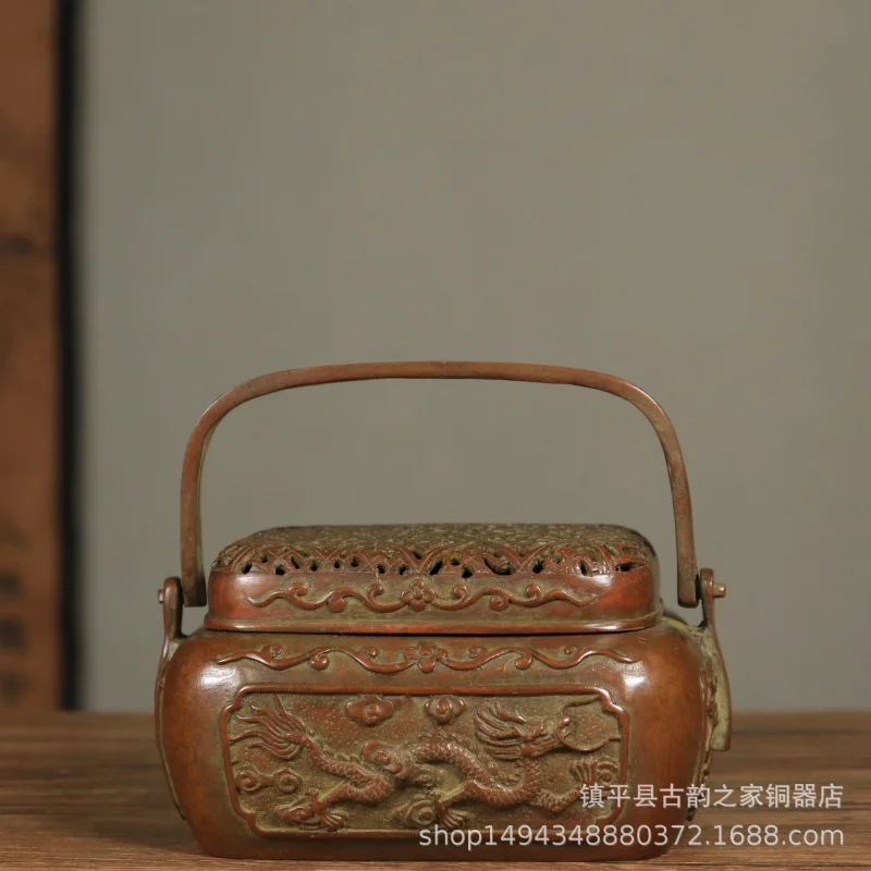Wholesale Brass Double Dragon Playing with Pearls Handle Hollow Handheld Incense Burner Hand Warmer Home Office Tea Ceremony Orn