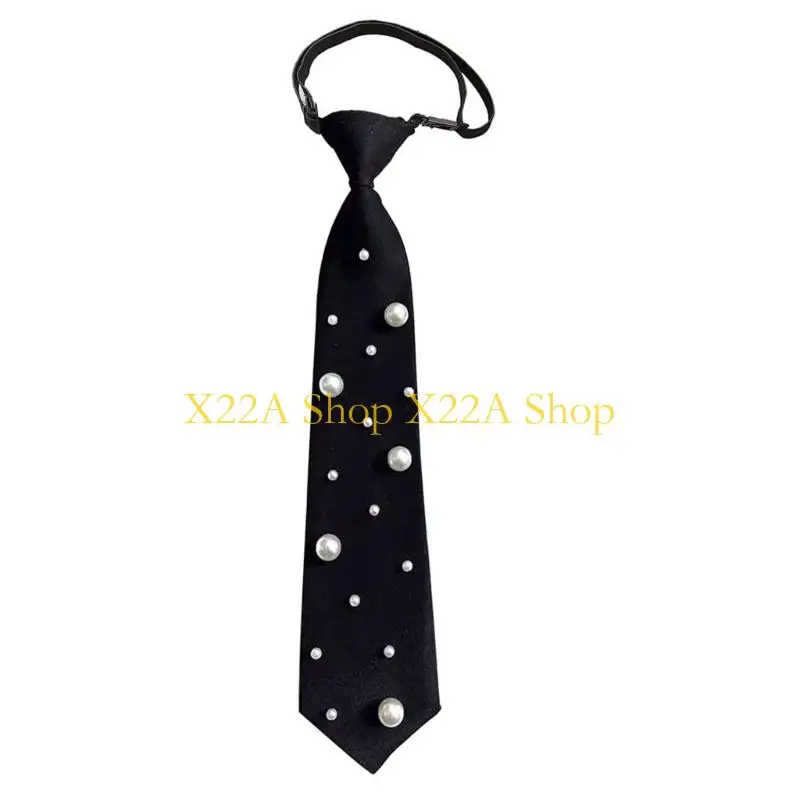 unique-womens-classical-black-necktie-with-pearls-embellished-adjustable-pre-tied-tie