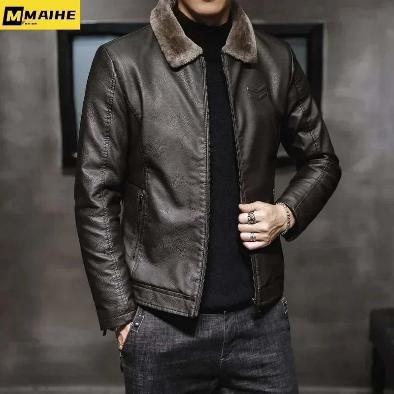 Vintage Brown Leather Jacket Men's Winter Faux Fur Collar Windproof Warm Coat Male Luxury Clothing Brand chaqueta cuero hombre