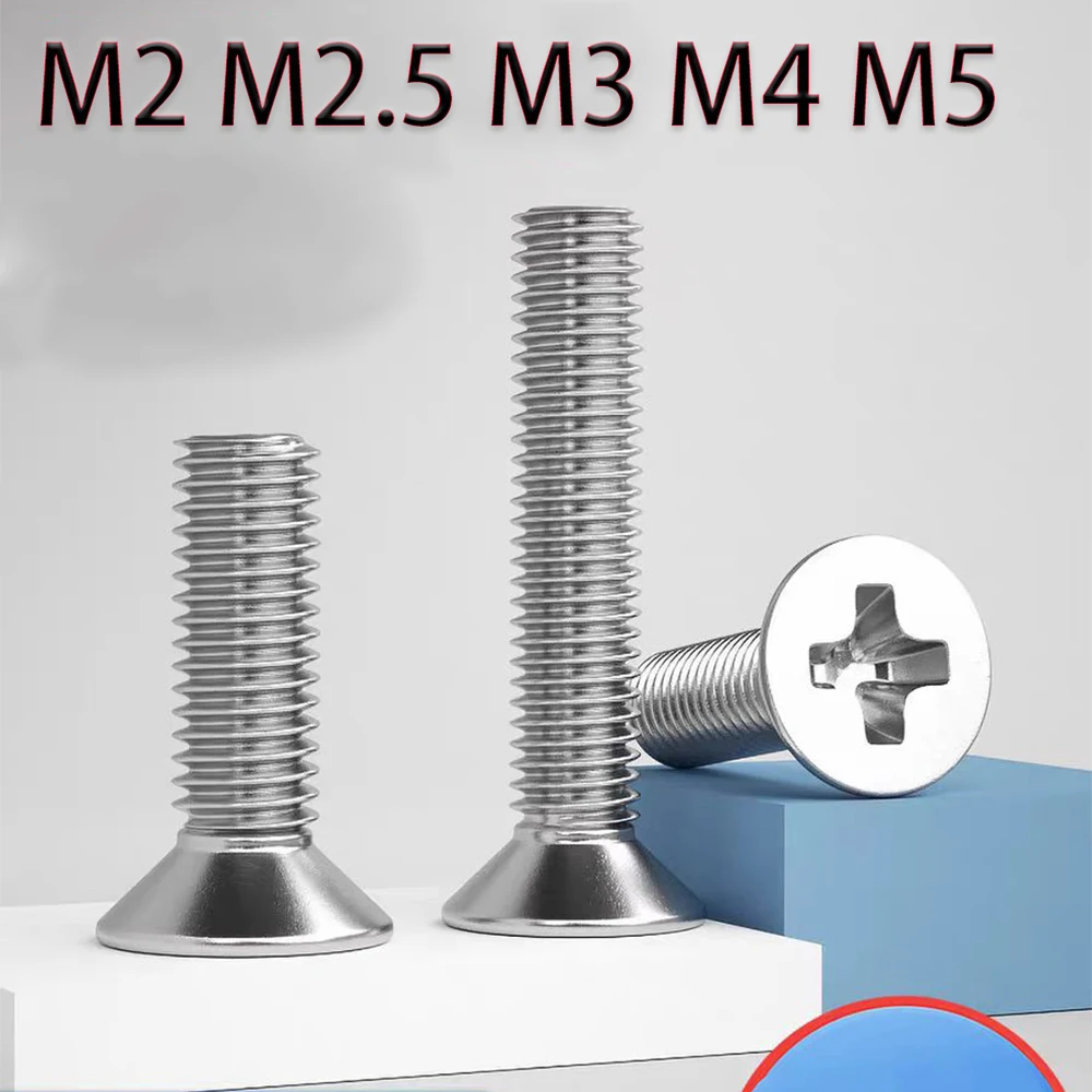 316 Stainless Steel Cross Bolts M2 M2.5 M3 M4 M5 Flat Tail Phillips Countersunk Machine Screws Length 3/4/5/6/8/10/12-100mm