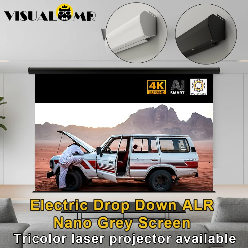 

120" Nano Grey Motorized Electric Drop Down ALR Projection Screen 16:9 Wall Mount 4K Black Border for Tri-color Laser Projector