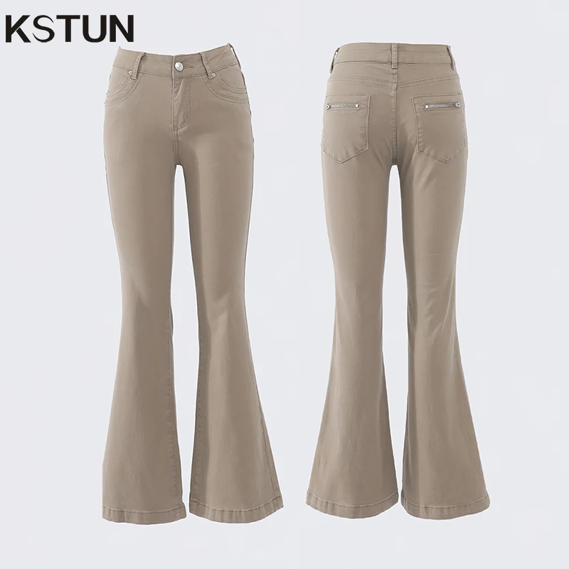 

KSTUN Vintage Stretch Low Waist Women Bell-Bottom Jeans Skinny Flared Pants For Girls Lady Streetwear Fake Zipper Pockets Design