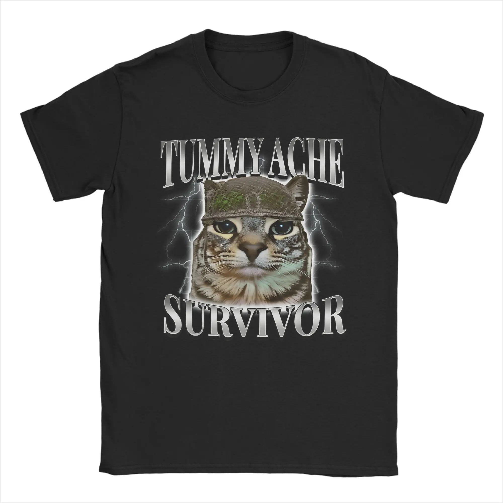Tummy Ache Survivor Cat Meme Funny Saying Cats Animals T Shirt Summer Pure Cotton T-Shirts For Men's Trending Casual Tee Shirt