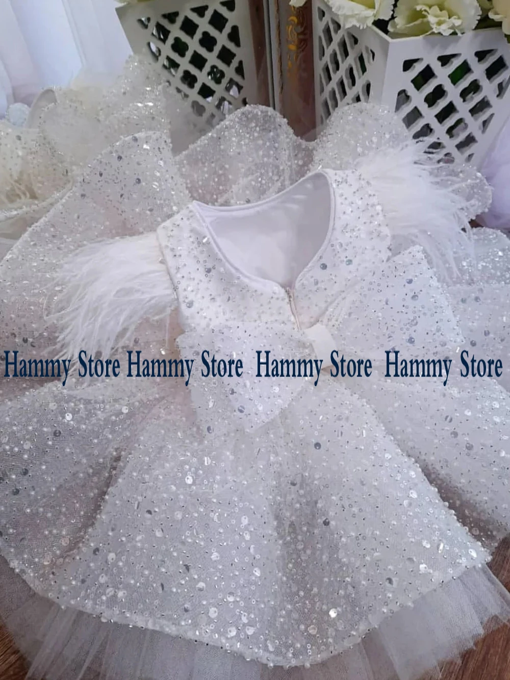 Piume di lusso Glitter Flower Girl Dress Scoop Neck perline Pearl Puff Kids Birthday Party es Wedding Princess