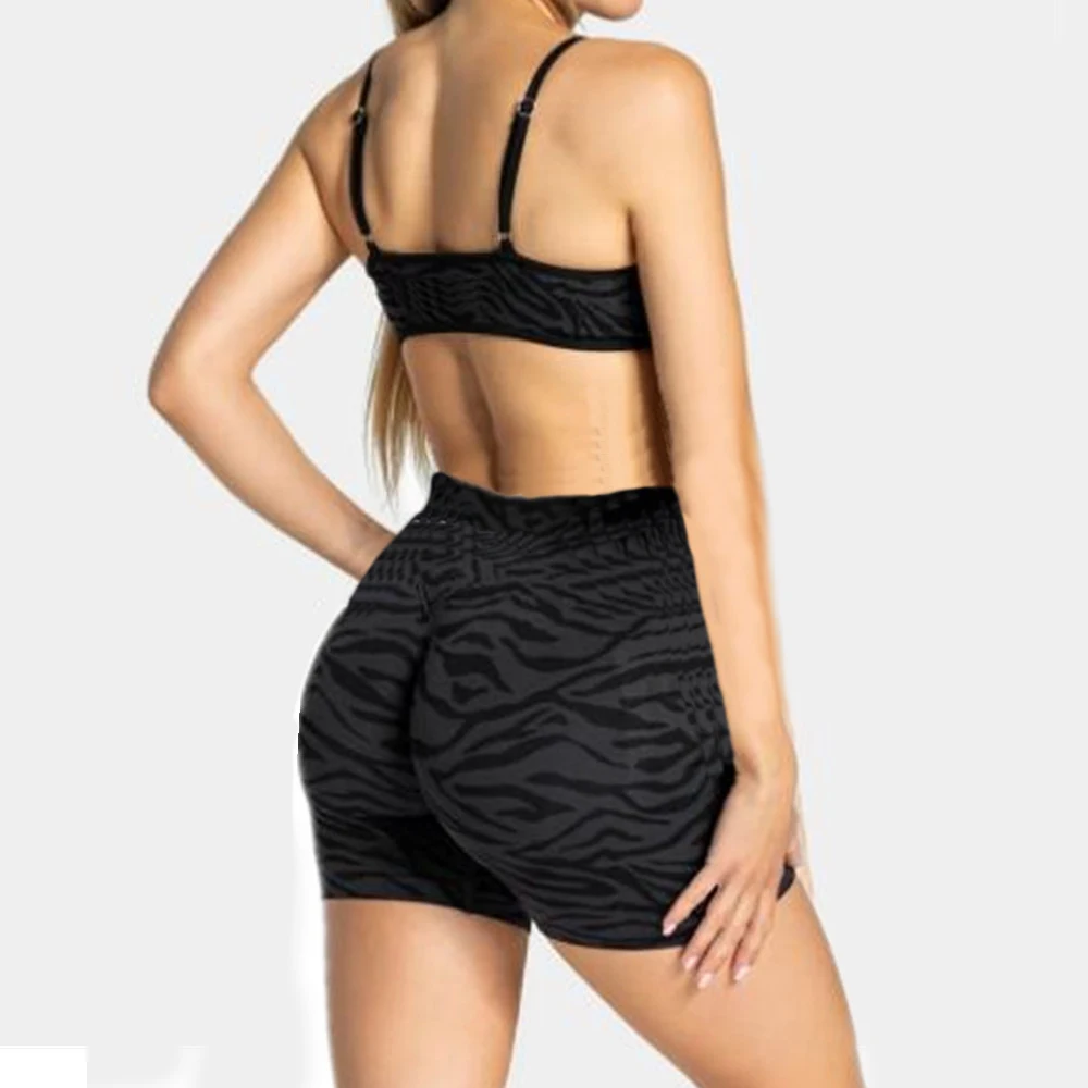 Pad 2Pcs Fitness Women Zebra Yoga Set Contrast Edge Legging Squat Proof Scrunch Pants Sports Workout Shorts Active Wear XP268