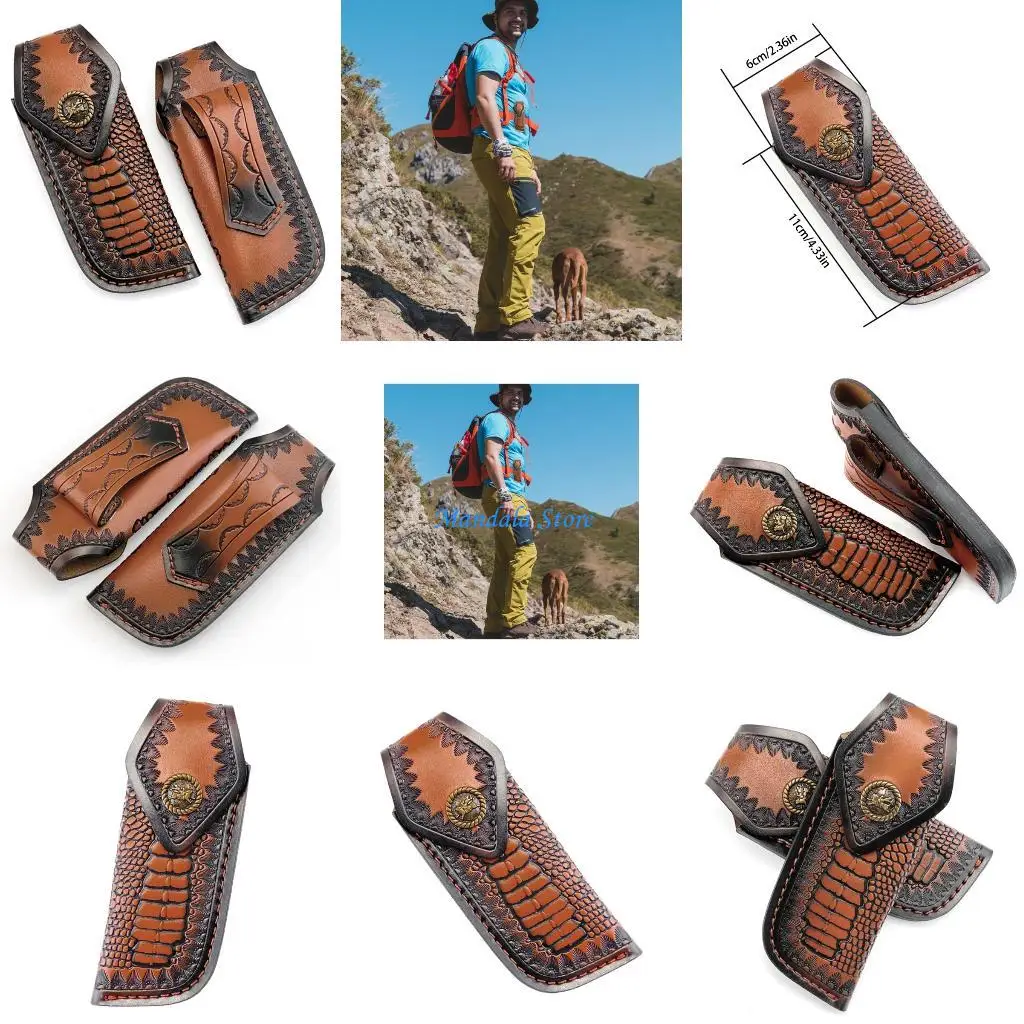 U2JC Rugged Leather Folding Cutter Sheath Reinforced Stitching Wear Resistant Belt Loop Protective Sleeve For Tactics Gear