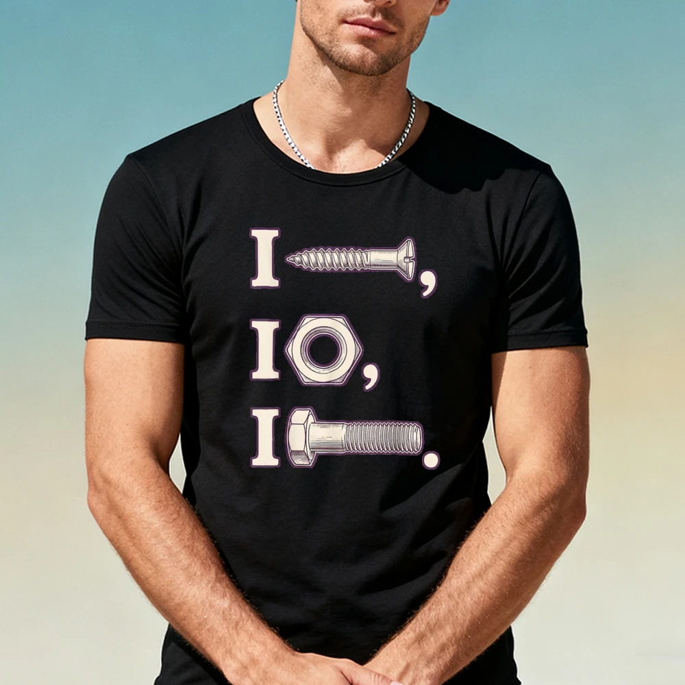 I Screw Nut Bolt Graphic Print Mens T Shirt Mechanic Humor Novelty Graphic Tees Short Sleeve Funny Workshop Casual Apparel