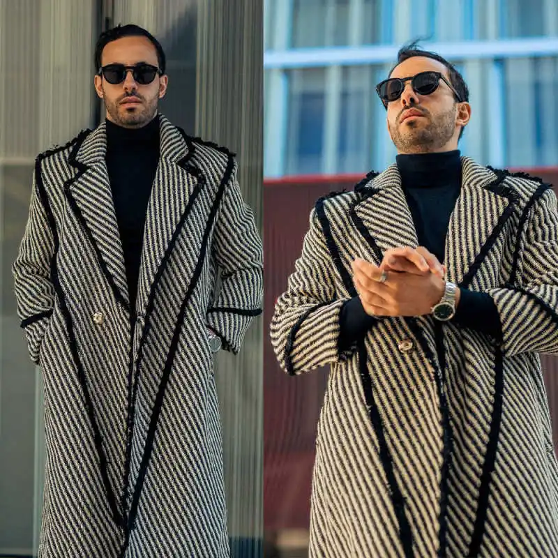 Modern Twill Men's Woolen Long Coat Thickened Lapel OverCoat Korean Style Windbreaker Street Commuter Custom Made