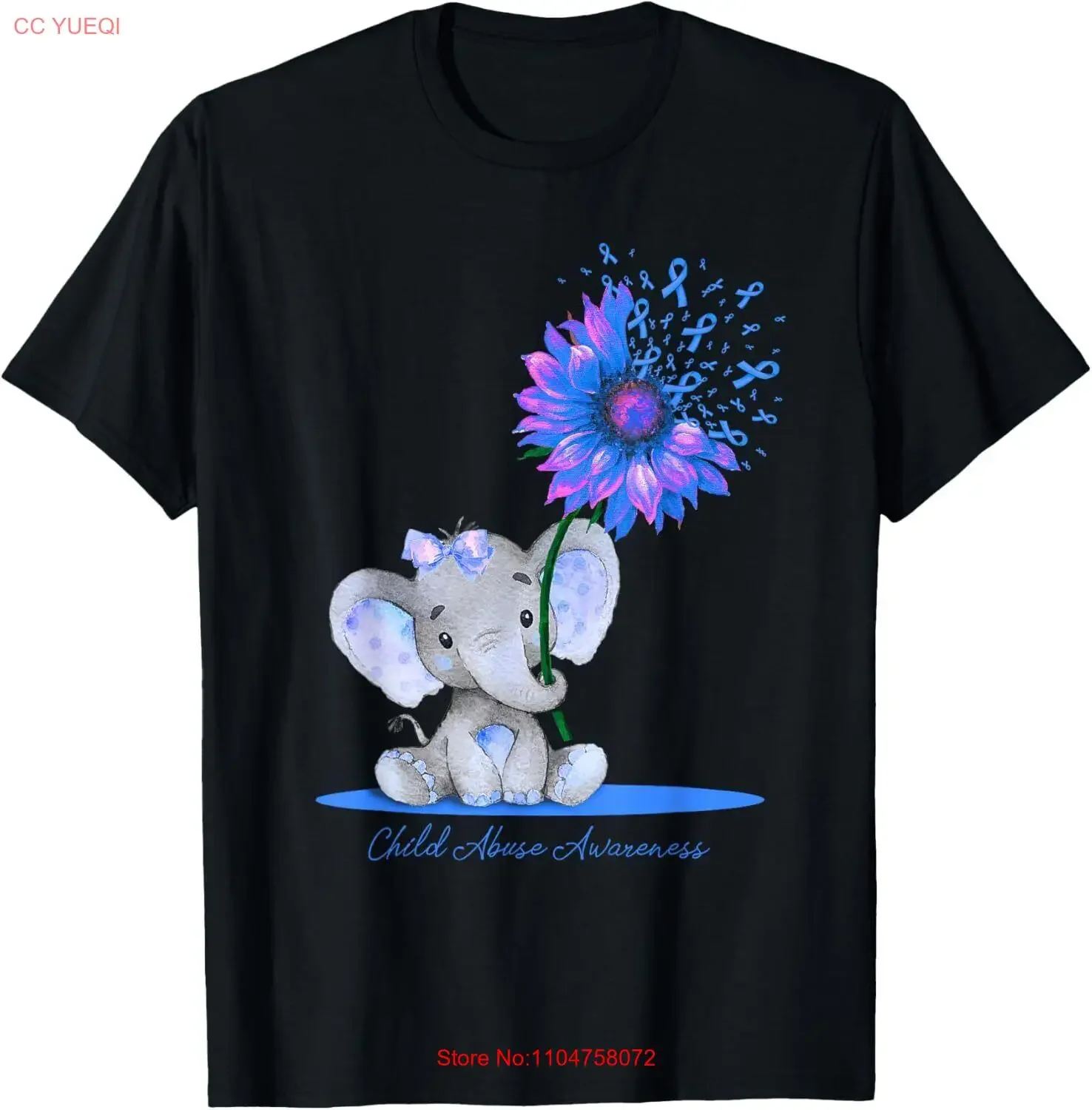 

CHILD ABUSE AWARENESS Милый слон с подсолнухом Голубая футболка винтажная стираная слегка универсальная модная графика Удобная