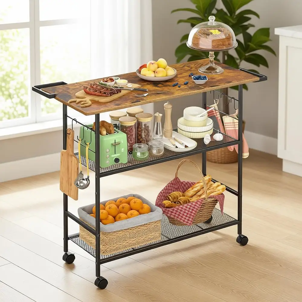 

Трехуровневая кухонная тележка-остров, передвижная тележка-стеллаж с 6 крючками, подставка для микроволновой печи с фиксирующимися колесами, универсальная подставка для кофе и выпечки, D