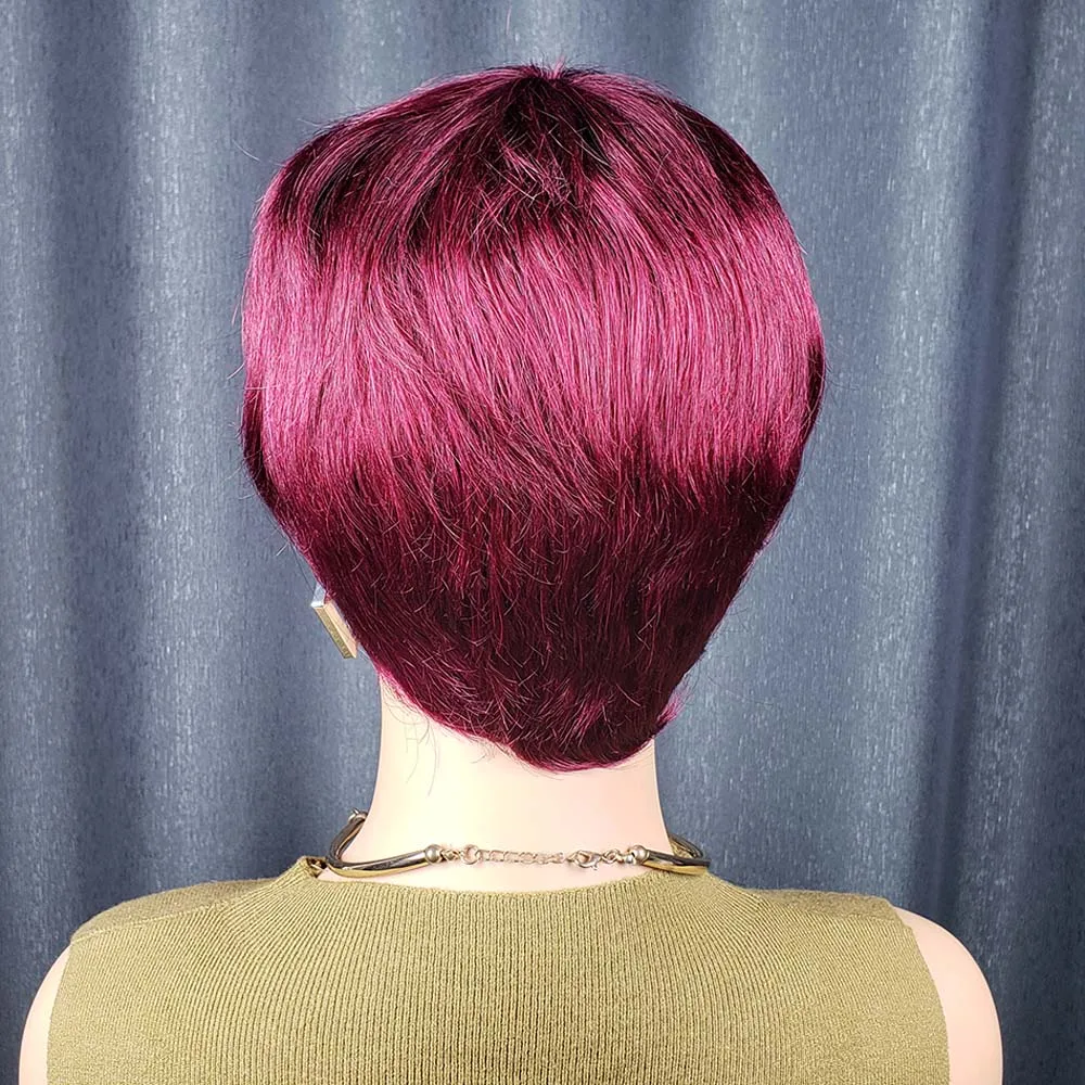 Wig Pixie Cut Pendek Burgundy Berlapis, Rambut Asli Berwarna Lurus dengan Poni untuk Wanita, Wig Buatan Mesin Penuh