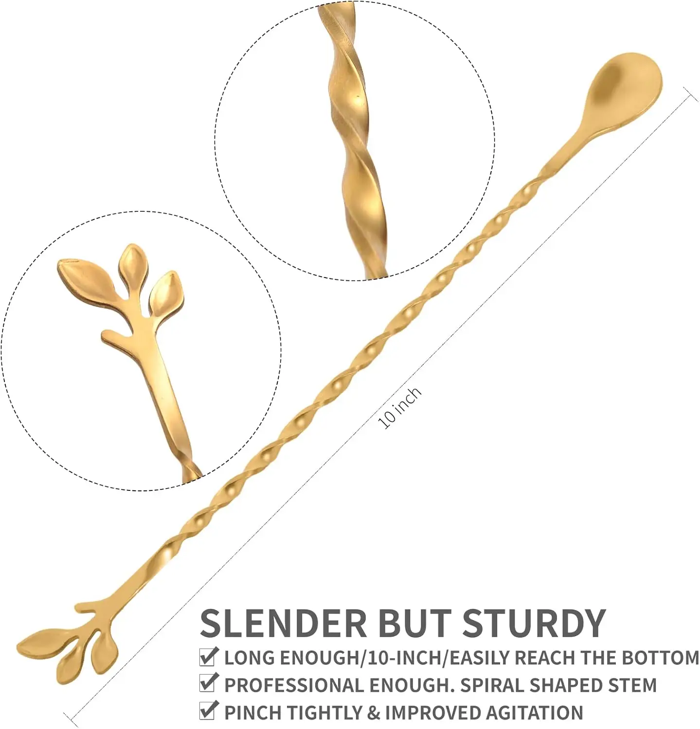 ช้อนค็อกเทลสแตนเลสขนาด 10 นิ้วพร้อมด้ามจับรูปใบไม้ - เหมาะสำหรับผสมเครื่องดื่มในแก้วทรงสูงและเชคเกอร์